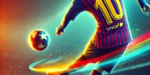 "Football player wearing a Barcelona jersey with the number 10 and 'Messi' on the back, striking the ball with his left foot in a free kick towards the top corner."