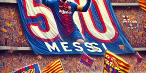 "Barcelona fans in a stadium holding a large banner with the number 500 and the name 'Messi,' celebrating Messi’s career milestone."