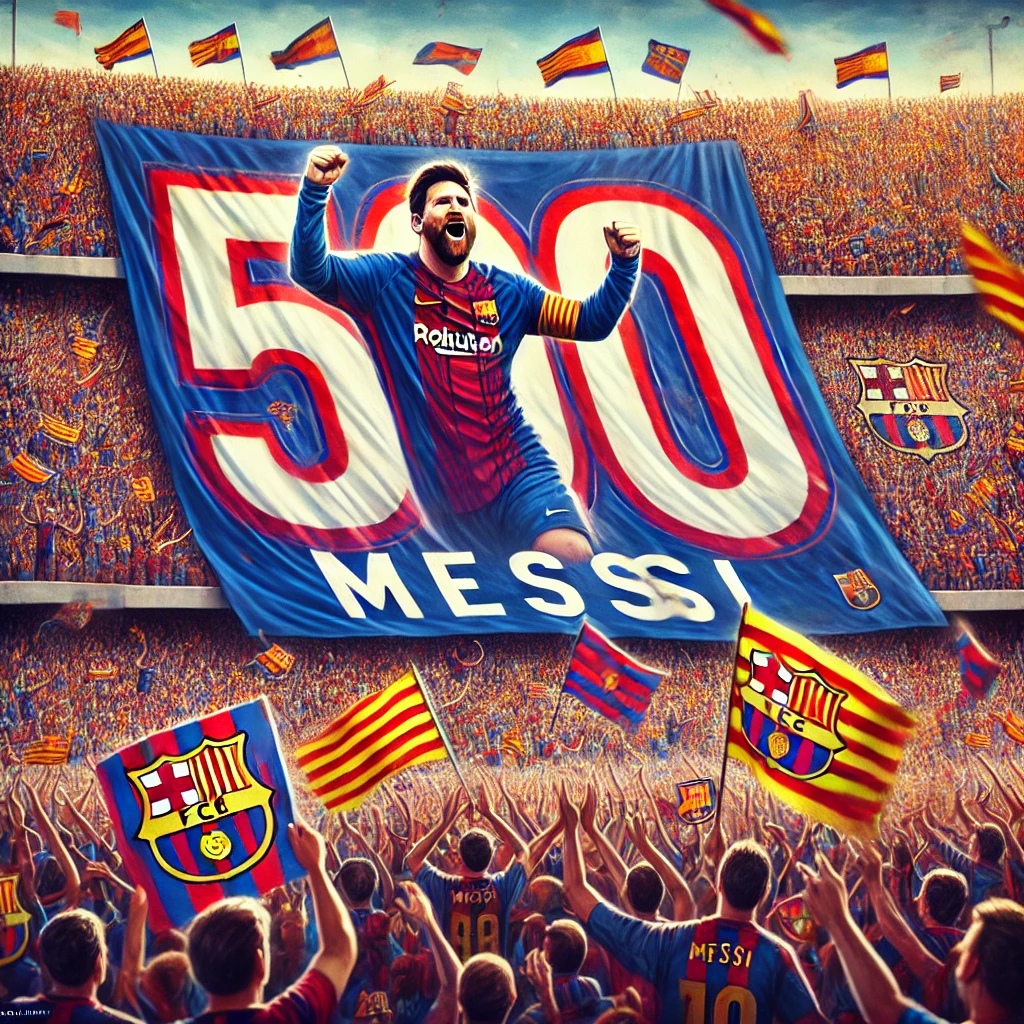 "Barcelona fans in a stadium holding a large banner with the number 500 and the name 'Messi,' celebrating Messi’s career milestone."