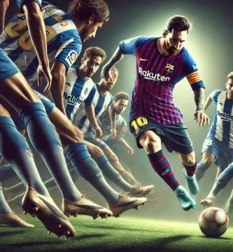 "Messi dribbling past 8 defenders, wearing Barcelona socks, performing a dynamic solo run with the ball under control during an iconic moment."