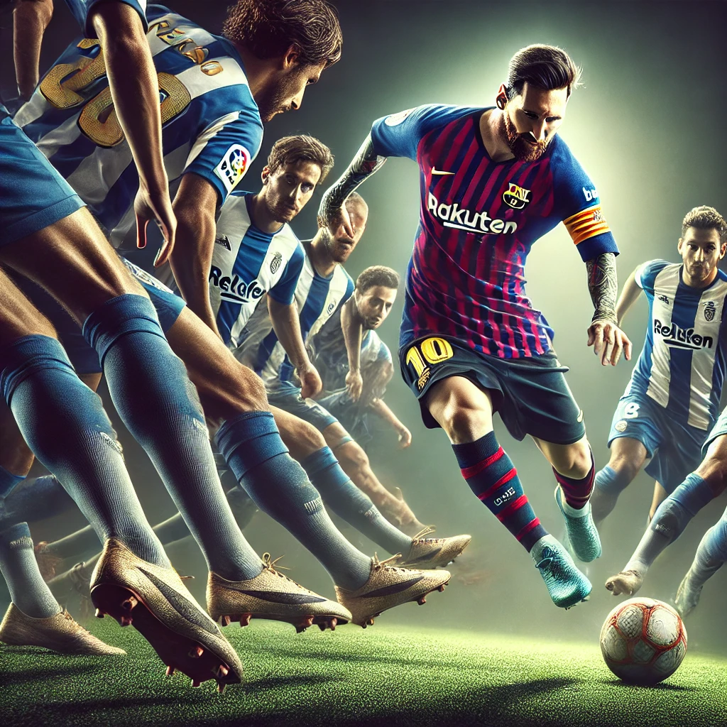 "Messi dribbling past 8 defenders, wearing Barcelona socks, performing a dynamic solo run with the ball under control during an iconic moment."