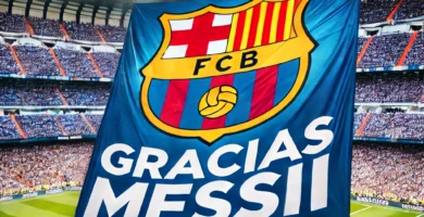 "Barcelona flag with the words 'Gracias Messi' displayed in Real Madrid’s Santiago Bernabéu stadium, celebrating Messi’s triumph."