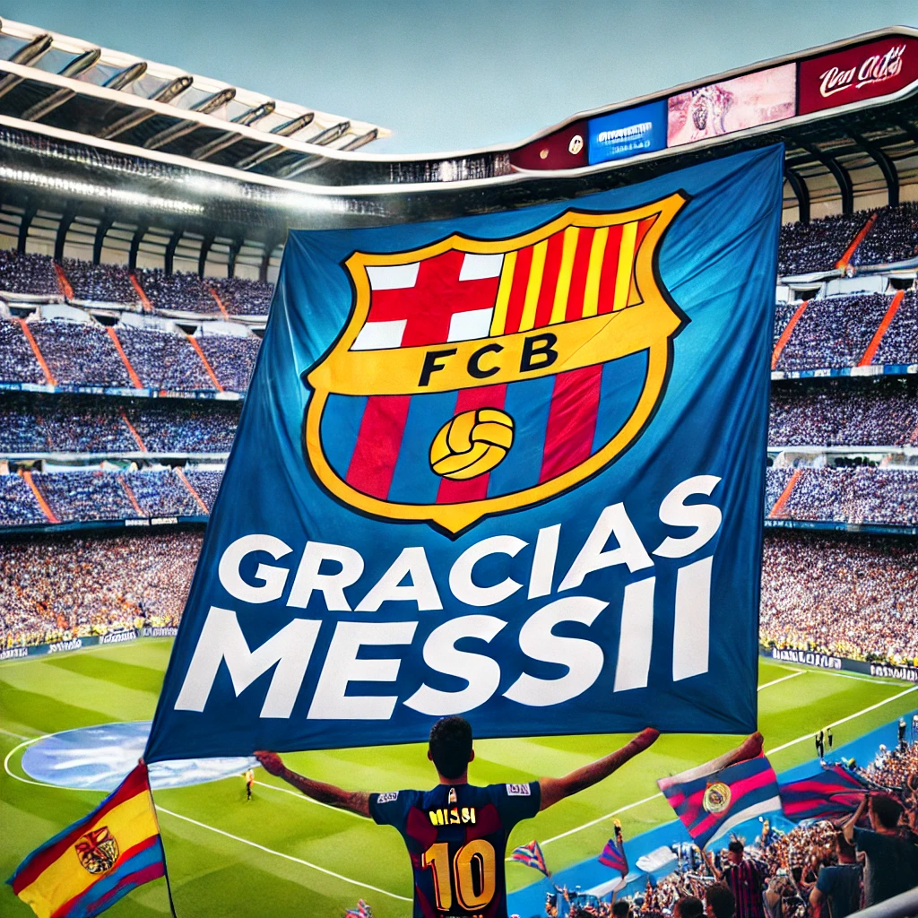 "Barcelona flag with the words 'Gracias Messi' displayed in Real Madrid’s Santiago Bernabéu stadium, celebrating Messi’s triumph."