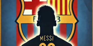 "Barcelona flag with the silhouette of Messi wearing a king's crown, symbolizing his legendary status in football."