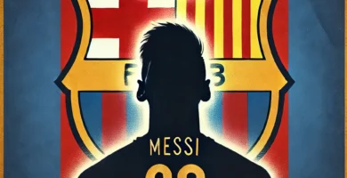 "Barcelona flag with the silhouette of Messi wearing a king's crown, symbolizing his legendary status in football."