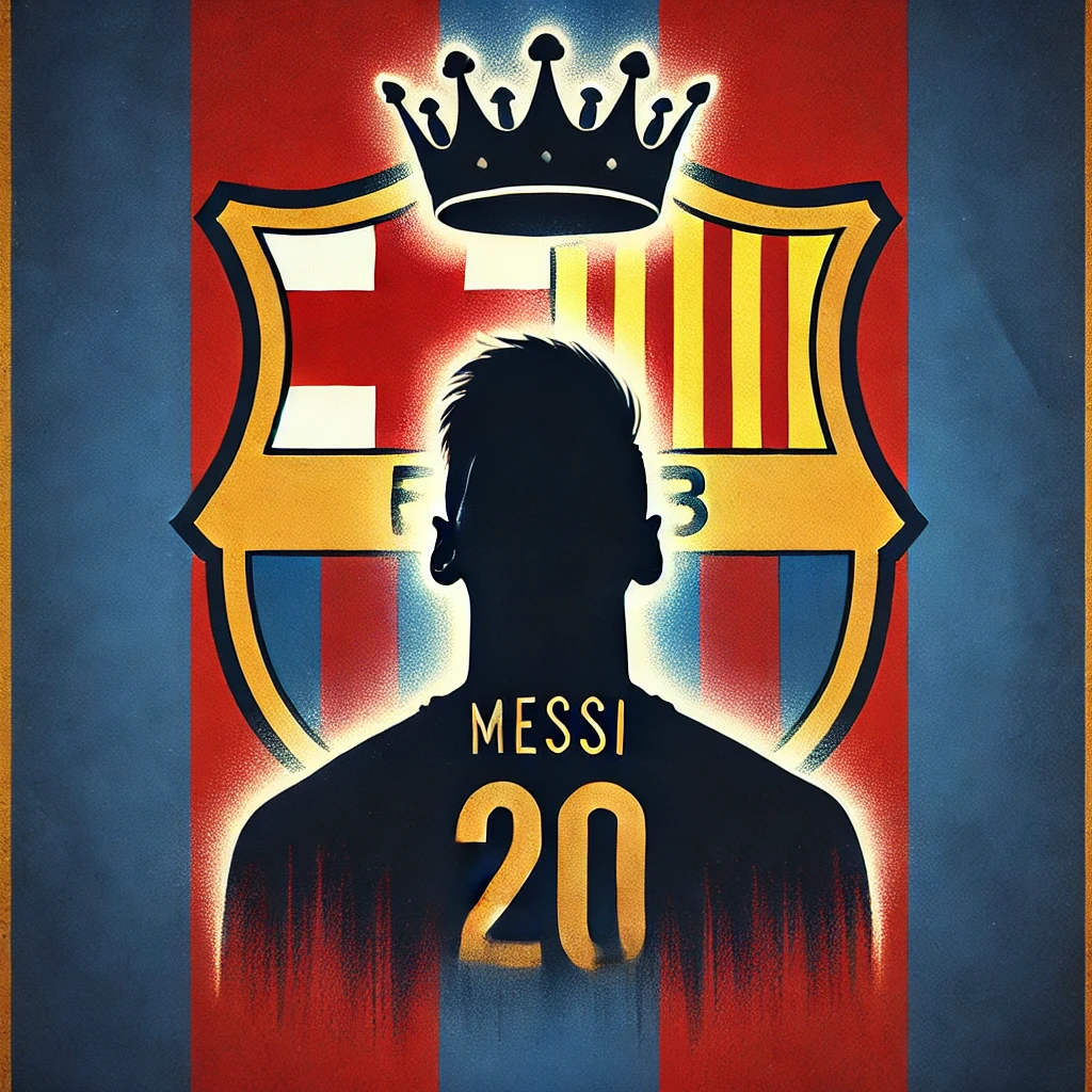 "Barcelona flag with the silhouette of Messi wearing a king's crown, symbolizing his legendary status in football."