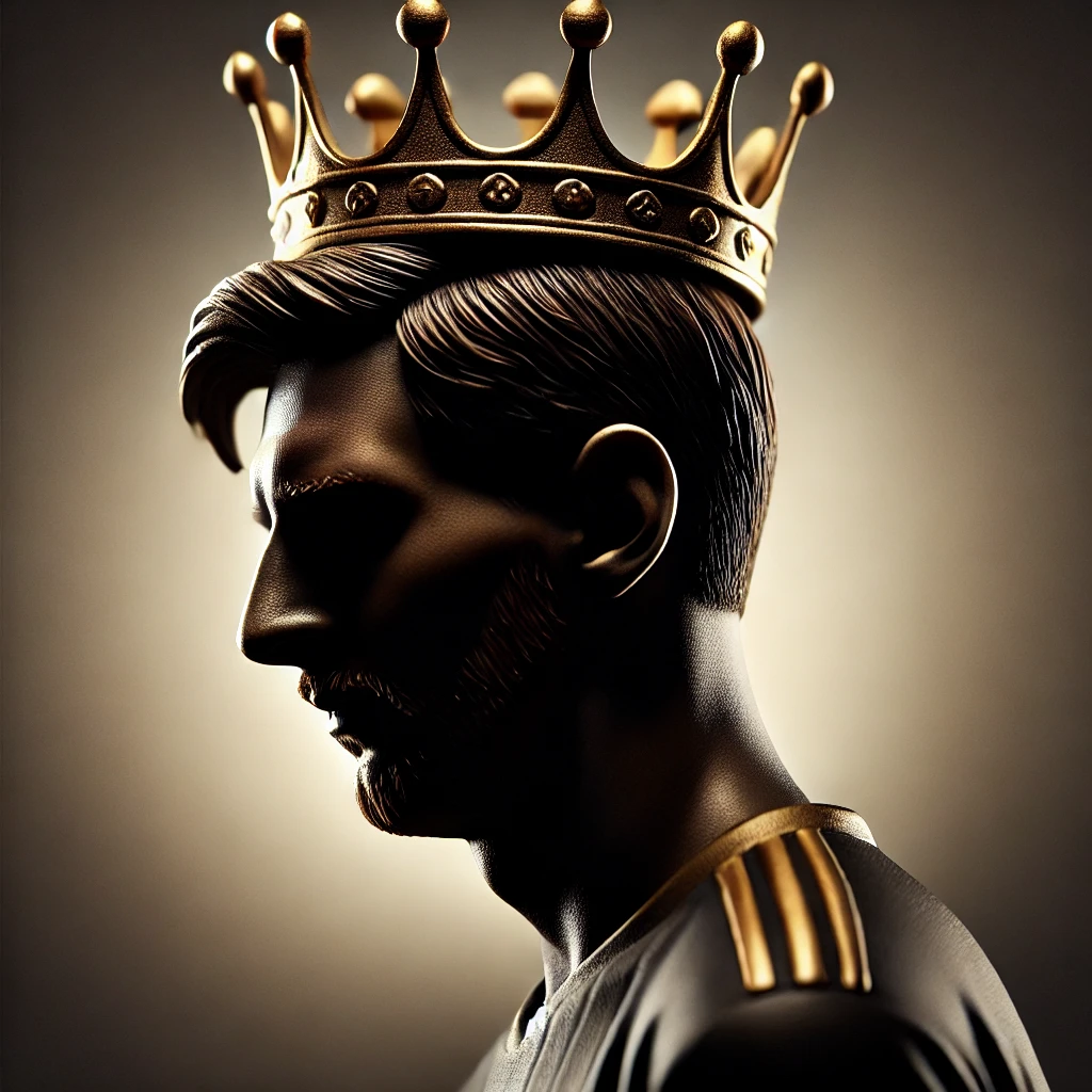 "Close-up silhouette of Messi wearing a gold king's crown, symbolizing his reign as the king of football."