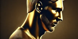 "Front-facing silhouette of Messi in gold, capturing his iconic stance and presence in football."