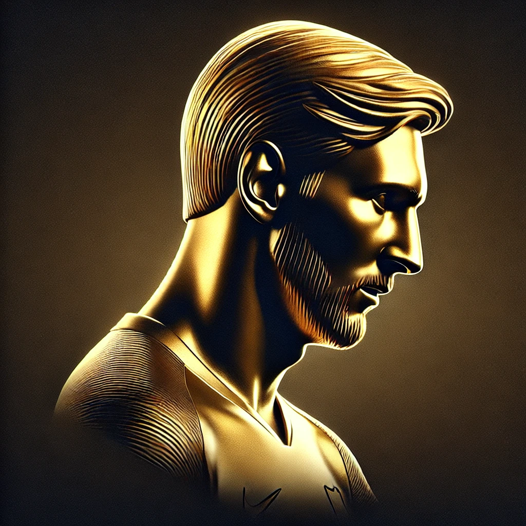 "Front-facing silhouette of Messi in gold, capturing his iconic stance and presence in football."