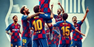 "Messi celebrating with his Barcelona teammates in full color, wearing the iconic red and blue jerseys after a victory."