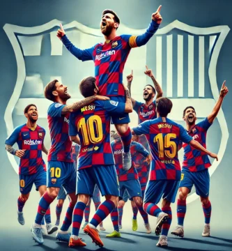 "Messi celebrating with his Barcelona teammates in full color, wearing the iconic red and blue jerseys after a victory."