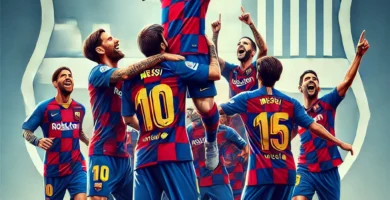 "Messi celebrating with his Barcelona teammates in full color, wearing the iconic red and blue jerseys after a victory."