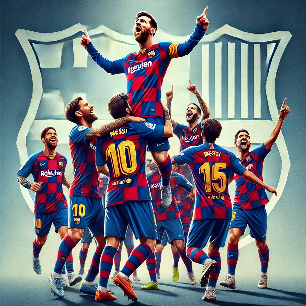 "Messi celebrating with his Barcelona teammates in full color, wearing the iconic red and blue jerseys after a victory."