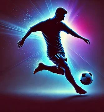 "Silhouette of a football player mid-dribble, inspired by Messi's iconic playing style, with a glowing blue and purple background."