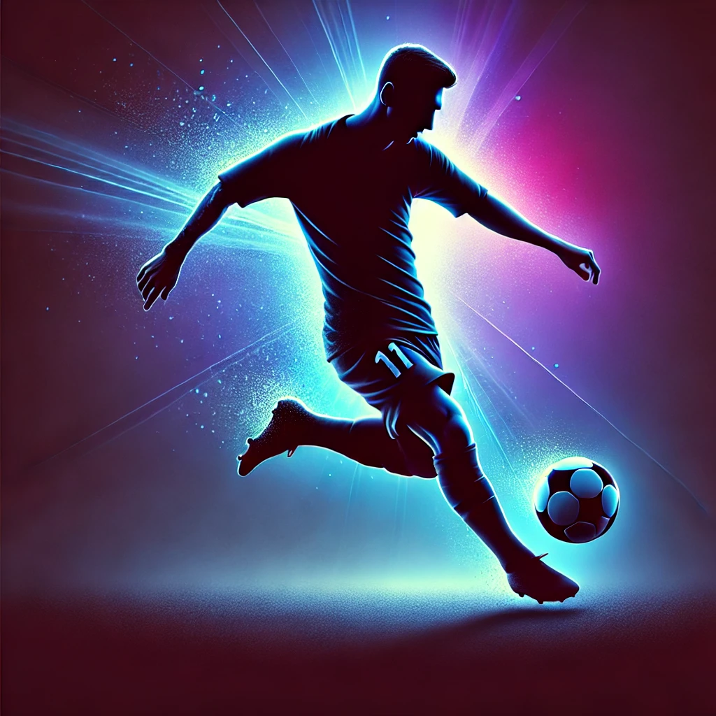 "Silhouette of a football player mid-dribble, inspired by Messi's iconic playing style, with a glowing blue and purple background."