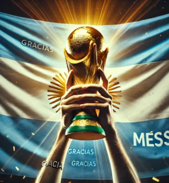 "Manos levantando la Copa del Mundo con una gran bandera de Argentina y el mensaje 'GRACIAS MESSI' en el fondo, celebrando el triunfo de Lionel Messi."