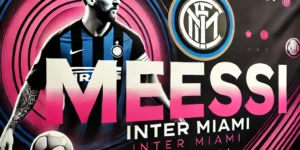 "Banner de Inter Miami con el nombre Messi en colores negro y rosa, con elementos de fútbol como un balón estilizado y luces de estadio."