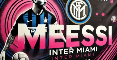 "Banner de Inter Miami con el nombre Messi en colores negro y rosa, con elementos de fútbol como un balón estilizado y luces de estadio."