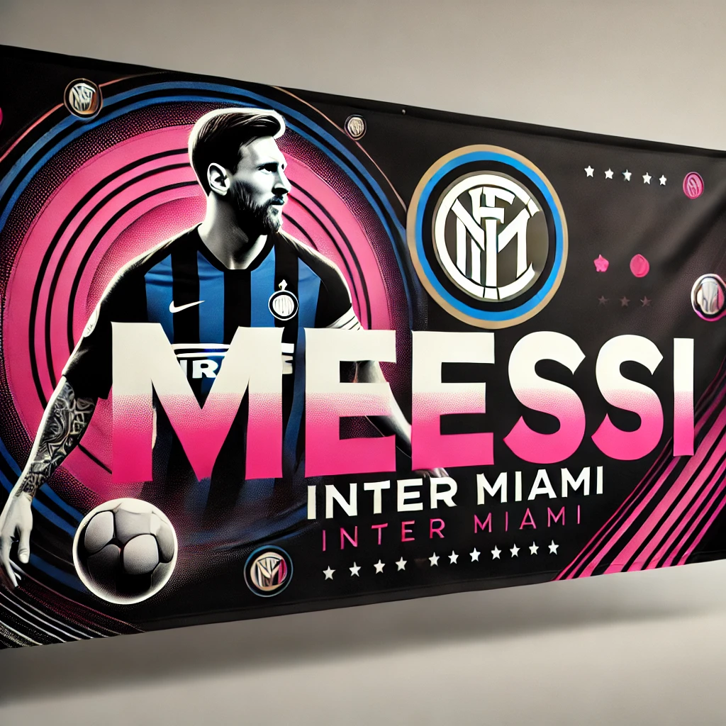 "Banner de Inter Miami con el nombre Messi en colores negro y rosa, con elementos de fútbol como un balón estilizado y luces de estadio."