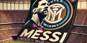 "Inter Miami stadium with a large Messi banner in pink and black colors, highlighting his impact on the team and the vibrant atmosphere on match day."