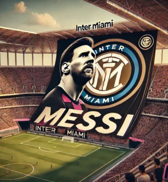 "Inter Miami stadium with a large Messi banner in pink and black colors, highlighting his impact on the team and the vibrant atmosphere on match day."