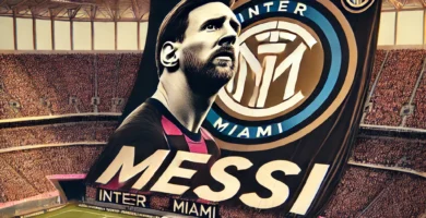 "Inter Miami stadium with a large Messi banner in pink and black colors, highlighting his impact on the team and the vibrant atmosphere on match day."