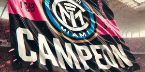 Bandera del Inter de Miami con la leyenda "Campeón" ondeando en un estadio lleno de aficionados.