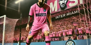 "Messi wearing the pink Inter Miami jersey, preparing to take a free kick in front of a cheering crowd, aiming at the goal."