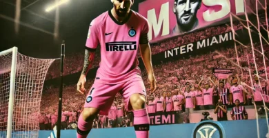 "Messi wearing the pink Inter Miami jersey, preparing to take a free kick in front of a cheering crowd, aiming at the goal."