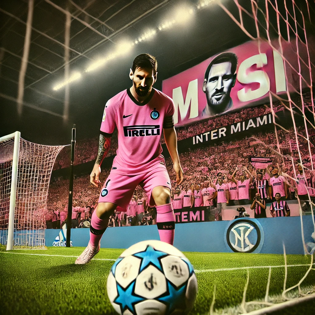 "Messi wearing the pink Inter Miami jersey, preparing to take a free kick in front of a cheering crowd, aiming at the goal."