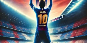 "Player at Santiago Bernabéu holding up a Barcelona jersey with 'Messi' and the number 10, as fans cheer under a red and blue sky."