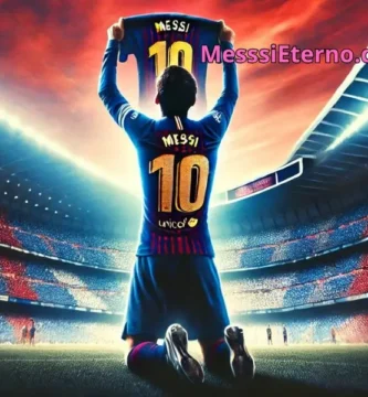 "Player at Santiago Bernabéu holding up a Barcelona jersey with 'Messi' and the number 10, as fans cheer under a red and blue sky."