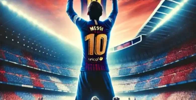 "Player at Santiago Bernabéu holding up a Barcelona jersey with 'Messi' and the number 10, as fans cheer under a red and blue sky."