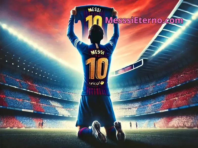 "Player at Santiago Bernabéu holding up a Barcelona jersey with 'Messi' and the number 10, as fans cheer under a red and blue sky."