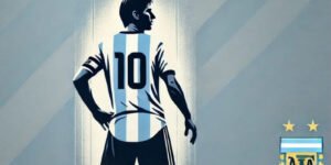 Messi wearing Argentina's number 10 jersey, symbolizing his leadership during Argentina’s World Cup victory.