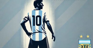 Messi wearing Argentina's number 10 jersey, symbolizing his leadership during Argentina’s World Cup victory.