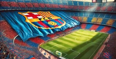 Full Barcelona football stadium packed with fans waving a giant blue and red flag, creating an electric atmosphere during a match.