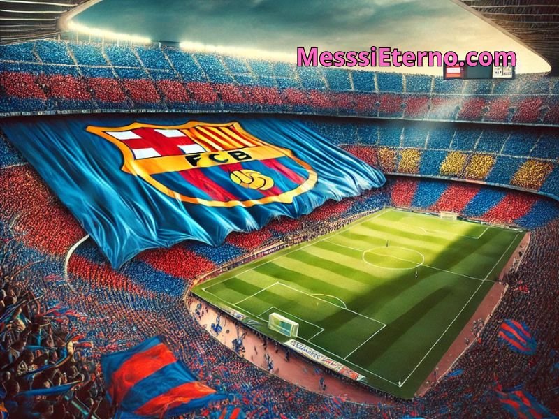 Full Barcelona football stadium packed with fans waving a giant blue and red flag, creating an electric atmosphere during a match.