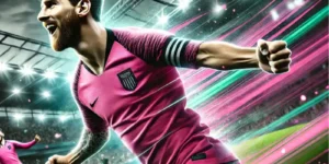 Soccer player in a pink jersey celebrating a goal in a brightly lit stadium.