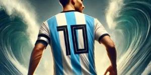 "Leader from behind wearing an Argentina football jersey with the number 10, symbolizing strength and leadership, with others following in the background."