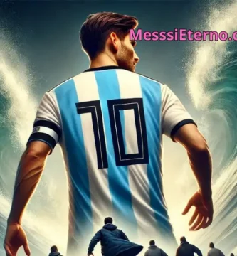 "Leader from behind wearing an Argentina football jersey with the number 10, symbolizing strength and leadership, with others following in the background."