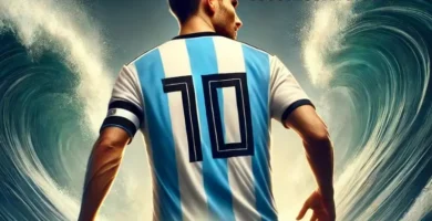 "Leader from behind wearing an Argentina football jersey with the number 10, symbolizing strength and leadership, with others following in the background."