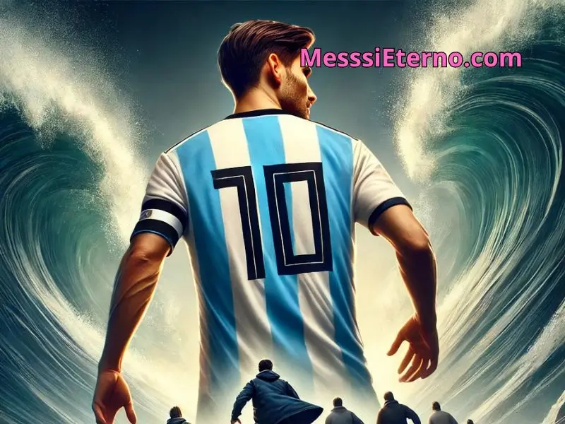 "Leader from behind wearing an Argentina football jersey with the number 10, symbolizing strength and leadership, with others following in the background."