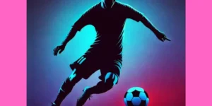 "Silhouette of football player in Messi's iconic dribbling pose with a dynamic background"