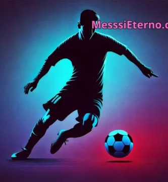 "Silhouette of football player in Messi's iconic dribbling pose with a dynamic background"