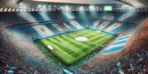 Packed stadium with Argentinian flags and a field, celebrating a soccer match.