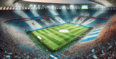 Packed stadium with Argentinian flags and a field, celebrating a soccer match.