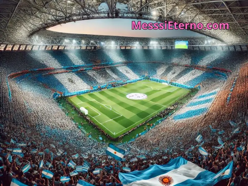 Packed stadium with Argentinian flags and a field, celebrating a soccer match.