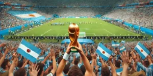 A fan holding the World Cup trophy in a packed stadium filled with Argentinian supporters celebrating victory.