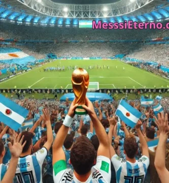 A fan holding the World Cup trophy in a packed stadium filled with Argentinian supporters celebrating victory.